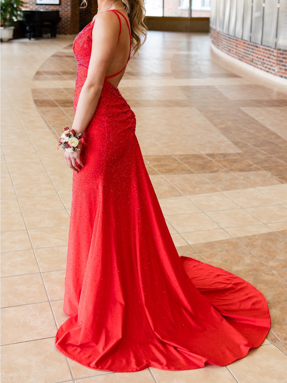 Backless Red Evening Gown with Sparkle Detail